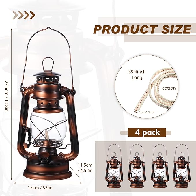 Honoson 4 Pieces Oil Lamp Hurricane Lamp Kerosene Lantern for Indoor Outdoors Decorative Hanging Oil Lantern with Wick for Hiking Emergency Camping Party Decoration(Bronze,10 Inch)