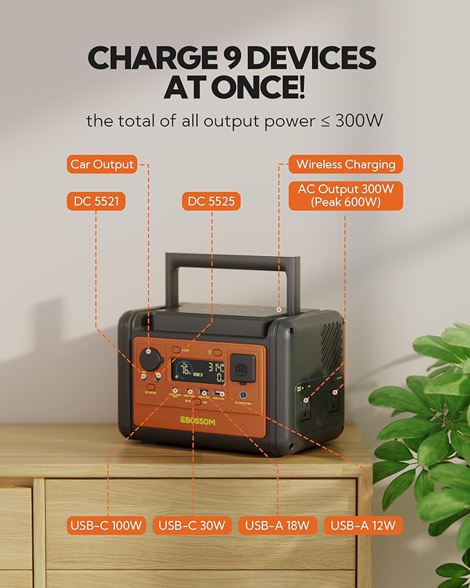 Portable Power Station 92800mAh, 297Wh LiFePO4 Battery, 1.2H Fast Charging, <30 MS UPS, 300W (600W Surge) Solar Generator for Camping, Emergency, and Outdoor Use