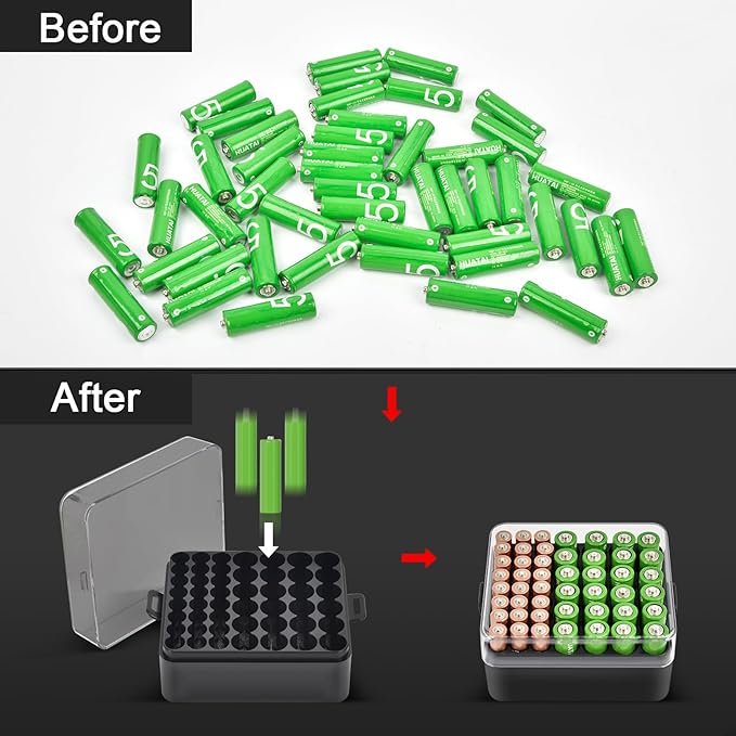 ALCYON Battery Organizer Storage Case, Battery Vault Box Container for 48pcs AA AAA Batteries, Plastic Clear Protective Battery Holder for Travelling/Home/Office (Black, Medium)