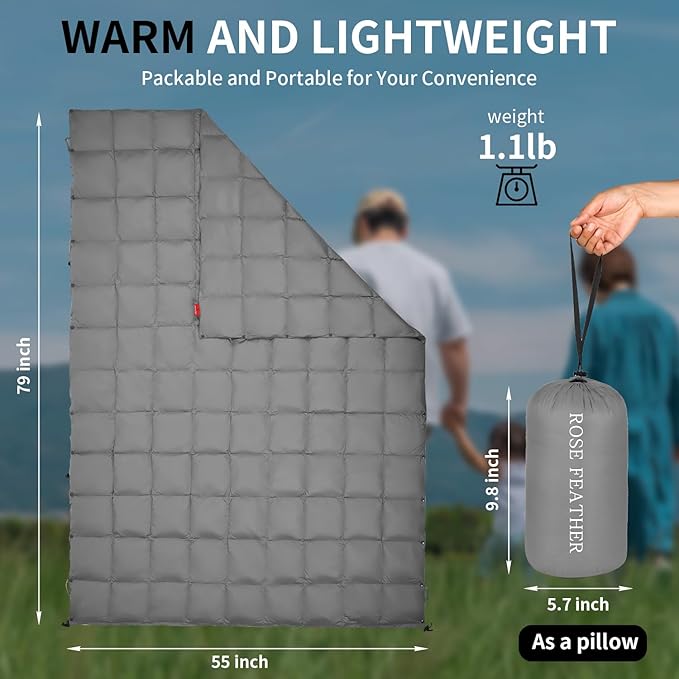 Down Camping Blanket, Muti-Use Outdoor Travel Blanket, Puffy Sleeping Bag Blanket, Waterproof Packable Backpacking Quilt for Camping, Travel, Airplane, Hiking, Picnic, 55''x79''