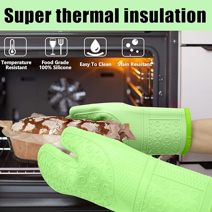 Oven Mitts with Heat-Resistant Hot Pads and Five Silicone Spatulas Designed for Kitchen Baking Cooking, Oven Glove Soft Cotton Lining, Waterproof, BPA-Free (Fluorescent Green, 12.6)