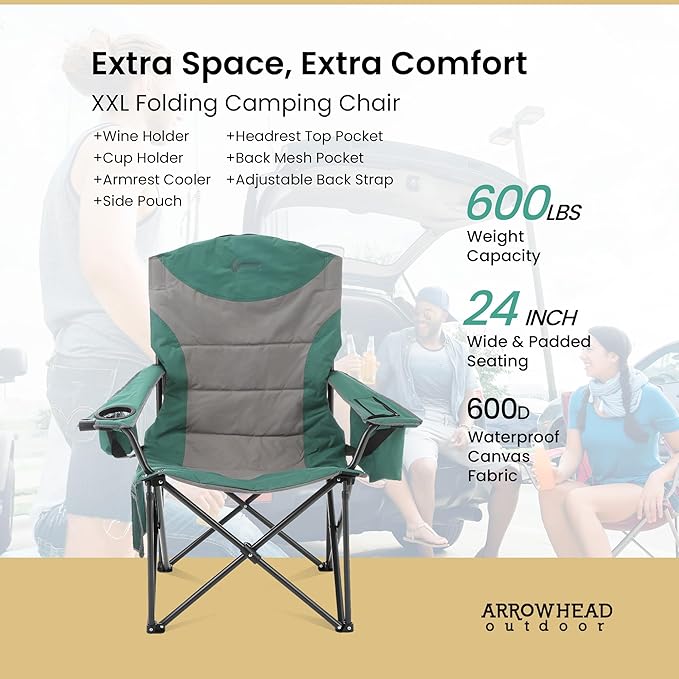 ARROWHEAD OUTDOOR XXL Folding Padded Camping Chair w/Cup & Wine Holder, Armrest Cooler, Support up to 600 lbs, Green