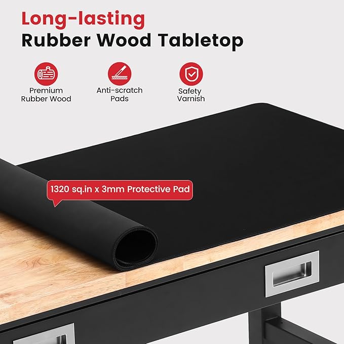 Workbench for Garage 60 x 22 Inch Adjustable Height Work Table with Drawers Heavy Duty Rubberwood Tabletop Work Bench with Pegboard, Power Outlets for Office Home Commercial