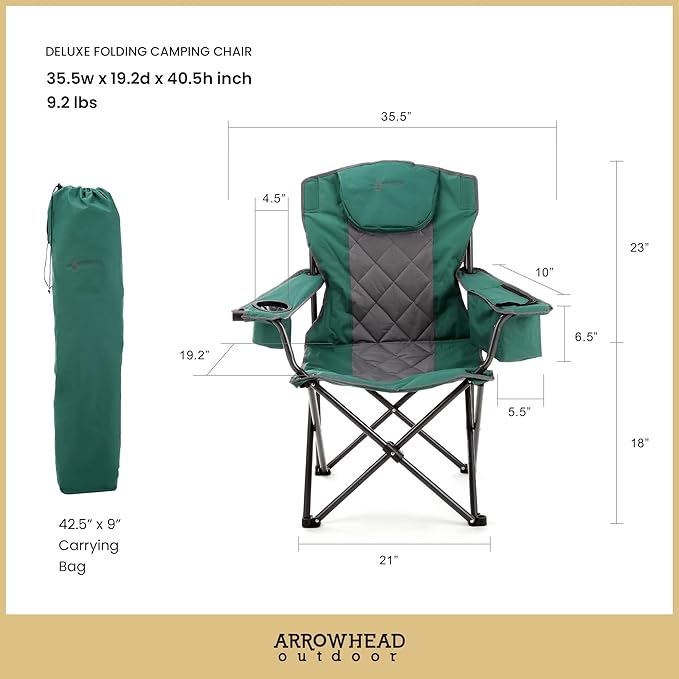 ARROWHEAD OUTDOOR Portable Folding Camping Quad Chair w/ 6-Can Cooler, Cup & Wine Glass Holders, Heavy-Duty Carrying Bag, Padded Armrests, Headrest & Seat, Supports up to 550lbs, USA-Based Support
