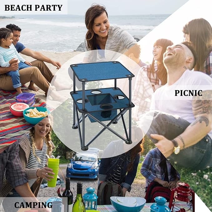 Folding Camping Table, Portable Outdoor Picnic Table, Lightweight Square Camp Table with Built-in 4 Cup Holders Food Basket and Travel Bag for Barbeque Beach Camping and Tailgate Blue