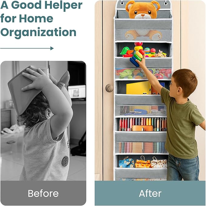 Over The Door Organizer with 8 Side Mesh Pockets, 44lb Weight Capacity Hanging Behind The Door Bathroom Organizers and Storage Suitable for Storing Toys, Shoes, Towels, Grey, 5 Shelf