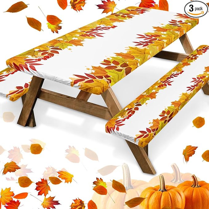 Picnic Table Cover with Bench Covers Elastic Edges, Leaves Fall Fitted Table Cover, Outdoor Patio Camping Essentials 72 Inch 3PCS, Waterproof Camping Fitted Tablecloth with Drawstring Bag