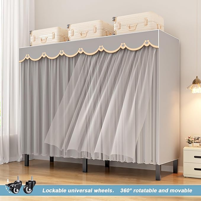 FPIGSHS Heavy Duty Clothes Rack with Cover 2000LBS Foldable Portable Wardrobe Closet for Hanging Clothing Rolling Garment Rack on Wheels for Bedroom Closet System (D(Gauze Curtain Cover, 49.2in)