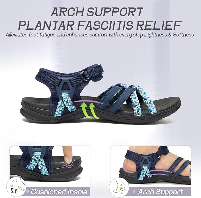 MEGNYA Hiking Sandals for Women, Arch Support Comfortable Walking Sandals Hook Loop Strap, Sports Lightweight Slides