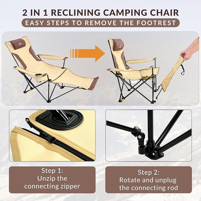 Reclining Camping Chair 4-Position Adjustable, Lightweight Folding Lounge Beach Chair for Adults with Removable Footrest & Headrest, Cup Holder & Storage Pouch for Outdoor(330lbs Capacity), Khaki