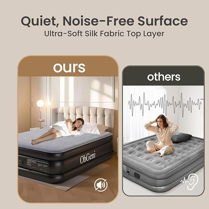 OhGeni 20" Luxury Queen Air Mattress with Built-in Pump, Inflatable Bed with Silk Foam Topper for Superior Comfort, Premium Blow-Up Mattress for Home, Camping & Guest, Easy Setup, Extra Support, Black
