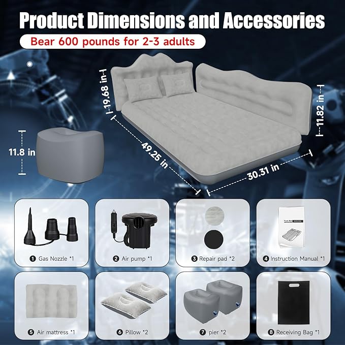 Car Air Mattress, Inflatable SUV Truck Air Mattress Back Seat Camping Bed Thickened Car Sleeping Pad for Travel, Car Bed SUV Mattress with Air Pump 2 Pillows