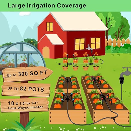 250FT Drip Irrigation Kit – 2025 New Quick-Connect Micro Irrigation System with 50FT 1/2'' Tubing, Locking Nozzle Emitters, Adjustable Misting Sprayers for Gardens, Lawns, Raised Beds and Greenhouses