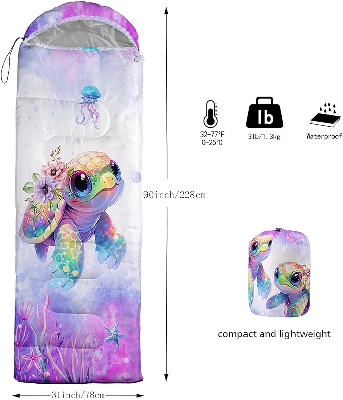 Sea Turtle Sleeping Bag for Kids Boys Girls,Ocean Themed Camping Gear,Waterproof Compact Sleeping Bag for Camping Backpacking Outdoor Hiking.