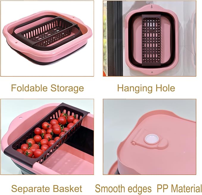 11L（2.91 Gallon） Collapsible Dish Basin with Drain Plug, Space Saving Outdoor Multiuse Foldable Sink Tub, Dishpan, Portable Kitchen Storage Tray for Vegetable Washing, Camping, RV (Pink)