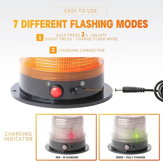 BooYu Battery Operated Amber Warning Beacon Light w/Magnetic Base, Portable Rechargeable Mini Roadside Roof Top Plow LED Strobe Emergency Flash Mail Lights for Trucks/Trailer/Vehicle 1-Pcs