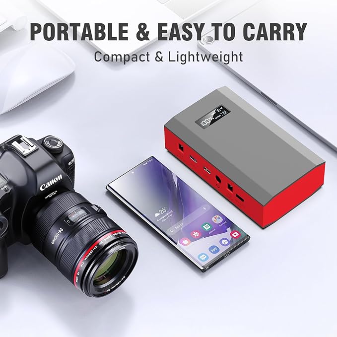 Portable Power Bank with AC Outlet, 65W 110V External Battery Pack 24000mAh Portable Laptop Charger Power Source Supply for Outdoor RV Tent Camping Home Smart Device with Emergency Light -Grey Red
