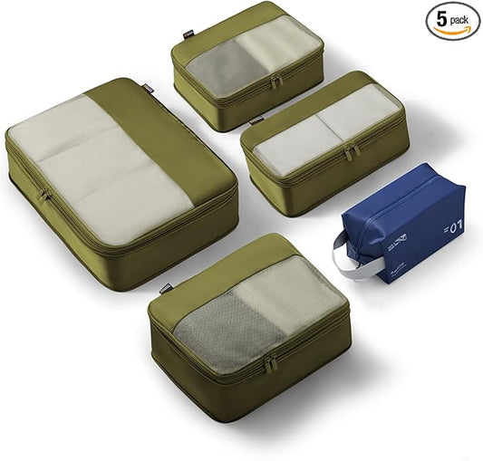 5 Set Compression Packing Cubes for Travel, Space Saving Luggage Organizer Bags (Army Green)