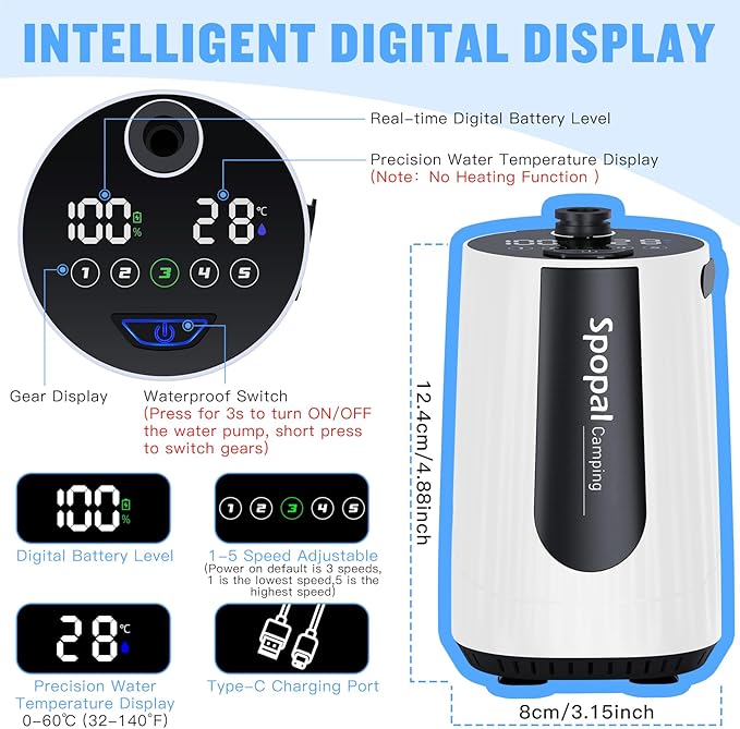 Portable Camping Shower - 10000mAh Rechargeable, 5-Speed, IPX8 Waterproof, LED Display Camp Shower Pump- Perfect for Hiking, Travel, Cars & Pets