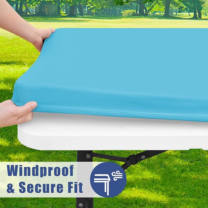 Spandex Picnic Table Cloth 2 Pack, Elastic Fitted Tablecloths for 6 Foot Rectangle Tables, Stretch Washable Patio Table Cover for Outdoor, Camping, Banquet and Parties (Blue Mist, 30"x72")