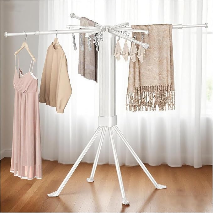 Laundry Drying Rack with 16 Clips Clothes Drying Rack Foldable Collapsible Clothing Rack Retractable Length Space-Saving for Laundry Room Camping Indoor Outdoor
