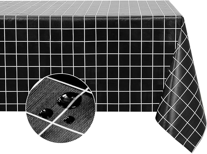 Romanstile Rectangle Plastic Tablecloth, 100% Waterproof Oil-Proof Checkered PVC Table Cloths, Heavy Duty Vinyl Table Covers for Dining, Camping, Picnic, Outdoor - 54 x 78 Inch, Black