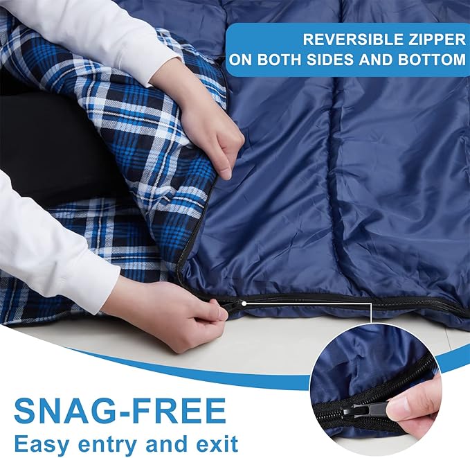 AGEMORE Cotton Flannel Double Sleeping Bag for Camping, Backpacking Or Hiking. Queen Size 2 Person Waterproof Sleeping Bag for Adults Or Teens. Lightweight with Compression Sack