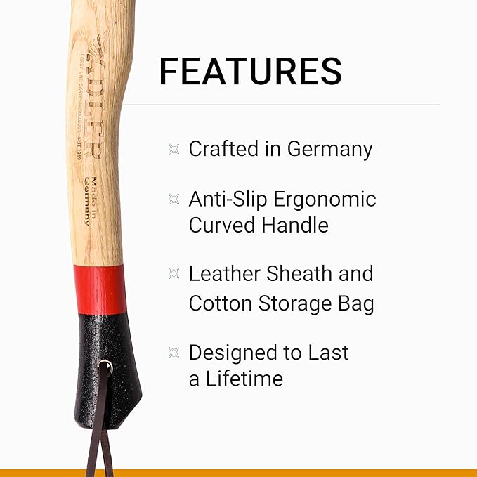 The Scout Hatchet - Compact German Made Camping & Backpacking Hatchet, 11.8" Ash Handle with Anti-Slip Grip, 0.88 lb Lightweight Design, Premium Leather Sheath (Red Stripe)