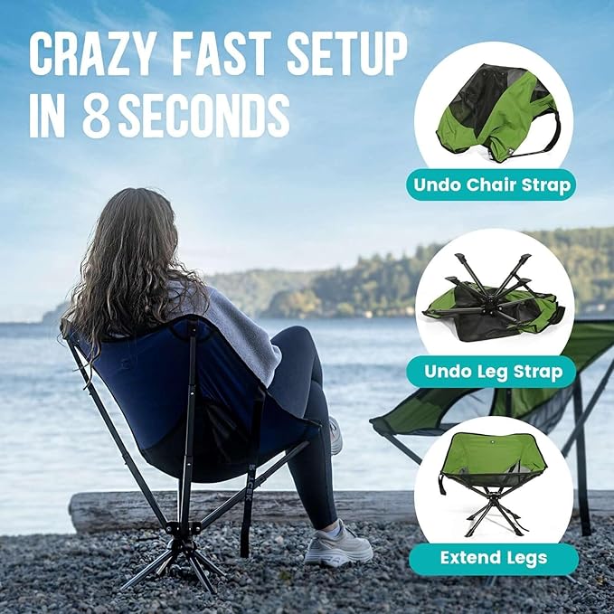 Swivel Portable Chair - Small Compact Collapsible Folding Chairs for Adults, Setup in 8 Seconds, Lightweight Outdoor Backpack Chair for Camping, Travel, Hiking, Beach, Support 300 LBS
