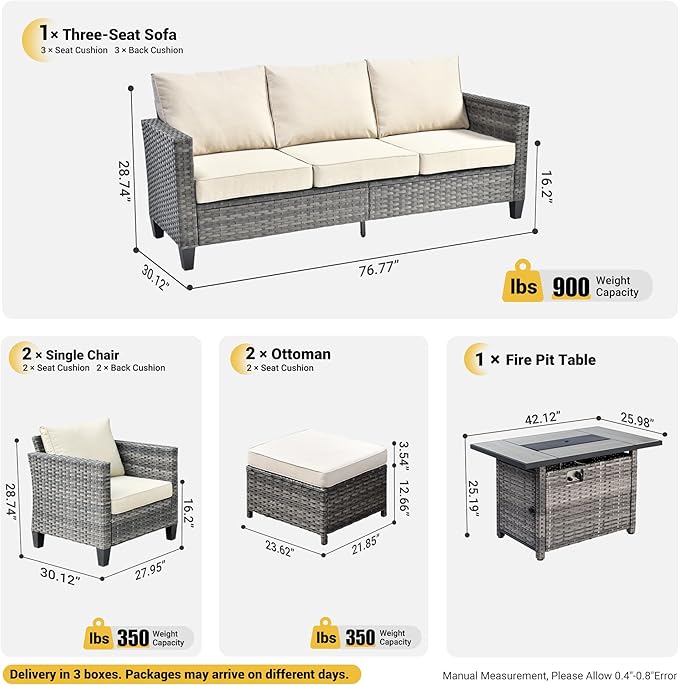 ovios 6 Pieces Patio Furniture Set with 42" Fire Pit Table, Outdoor Wicker Sofa with Comfy Cushions, All Weather High Back Rattan Couch Conversation Set, Beige