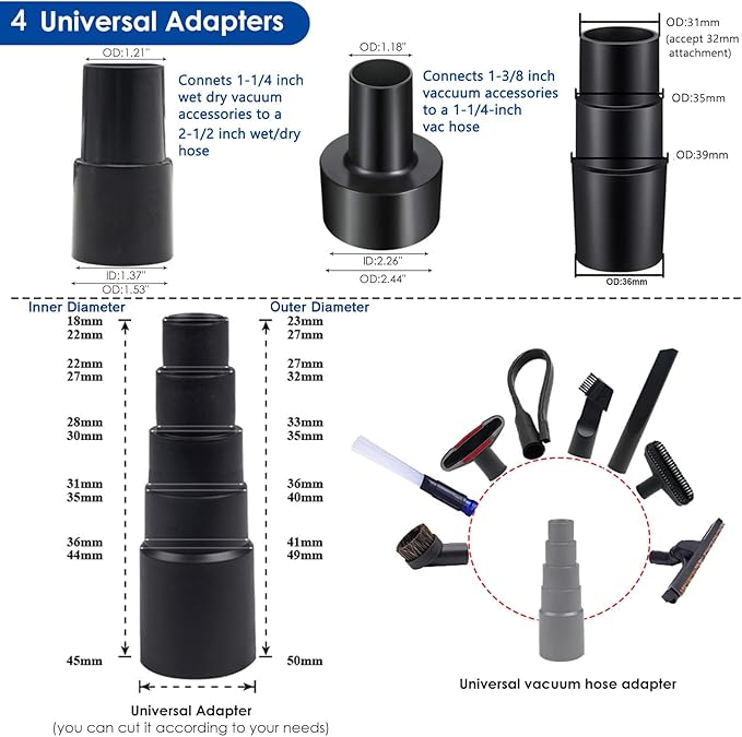 12 PCS Vacuum Attachments & Brushes Kit for Shop Vac Accessories & Household Cleaning, Includes 2 1/2" to 1 1/4" and 1 7/8" to 1" Vacuum Hose Adapters, Crevice Tool & 2 Vacuum Extension Wands