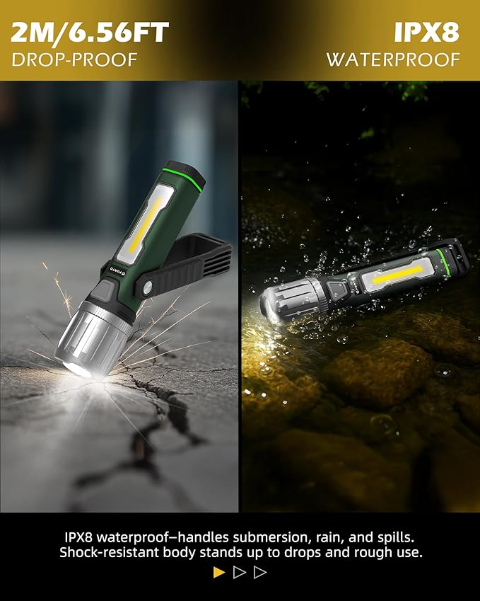 FORTO Rechargeable Work Light 2000LM Magnetic Flashlight, IPX8 Waterproof, 5000mAh, 240° Rotating Handle, for Garage, Camping, Car Repair, Hiking, Power Outage, Jobsite, Emergency (Green)