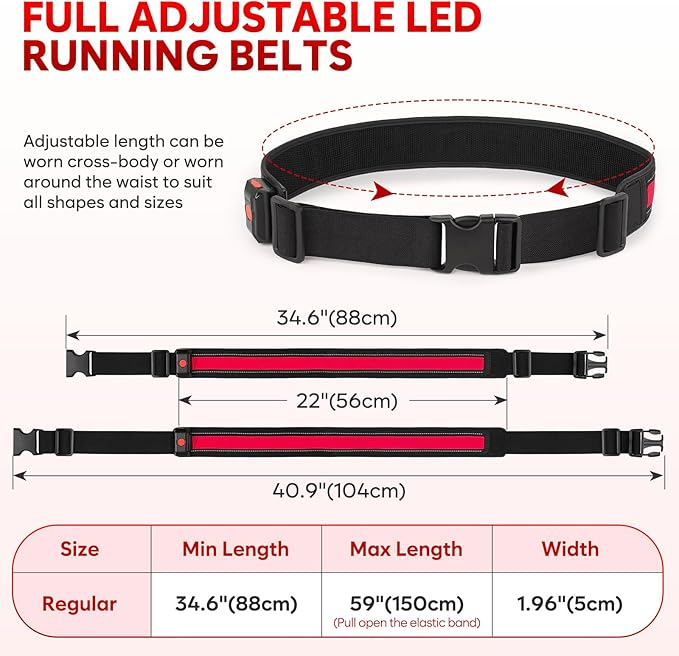 Illumifun LED Running Belt - USB Rechargeable Light Up Sash, High-Visibility Elastic Waistband Light for Running Cycling Hiking Camping Nighttime Activities