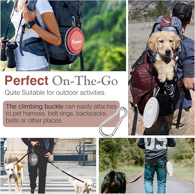 Pawaboo Collapsible Dog Bowls 2 Pack, Silicone Feeding Watering Bowls with Lids & Carabiners for Dogs Cats, Portable Water Feeder Food Bowl for Walking Traveling Home Use, Light Pink + Grey