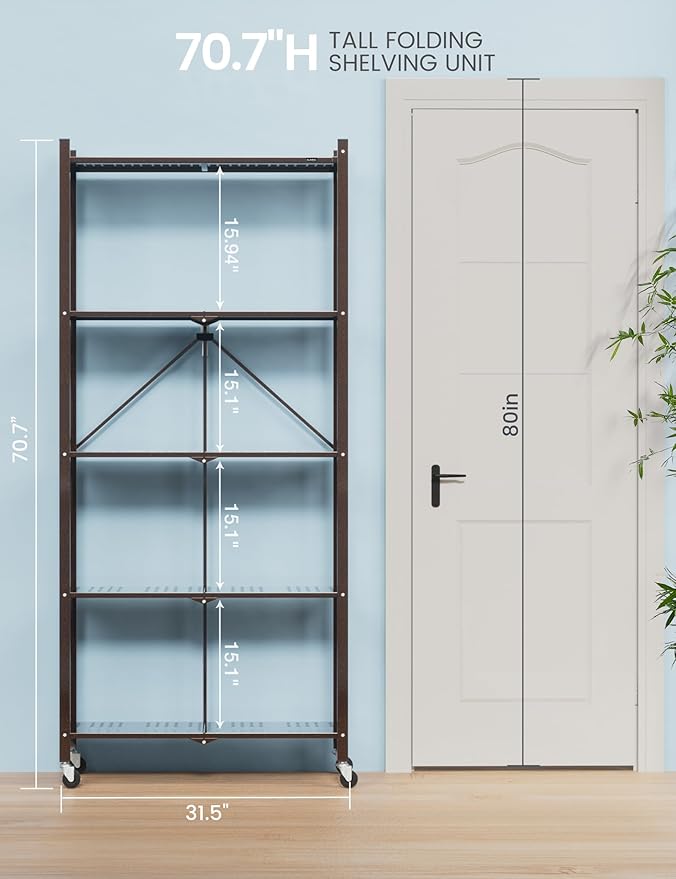 ALANNG 70.7" H Metal Storage Shelves, 5 Tier Folding Shelf on Wheels, Heavy Duty, No Assembly, Rolling, Collapsible Rack Unit for Kitchen, Basement, Pantry (Vintage Brown,2 Pack)