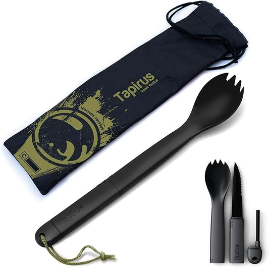 Tapirus Spork Tactical Special Edition Black | BPA Free Spoon Fork, Stainless Steel Knife and Fire Starter | 3 in 1 multipurpose utensil | Outdoor hiking, camping & backpacking gear | Fit for MRE