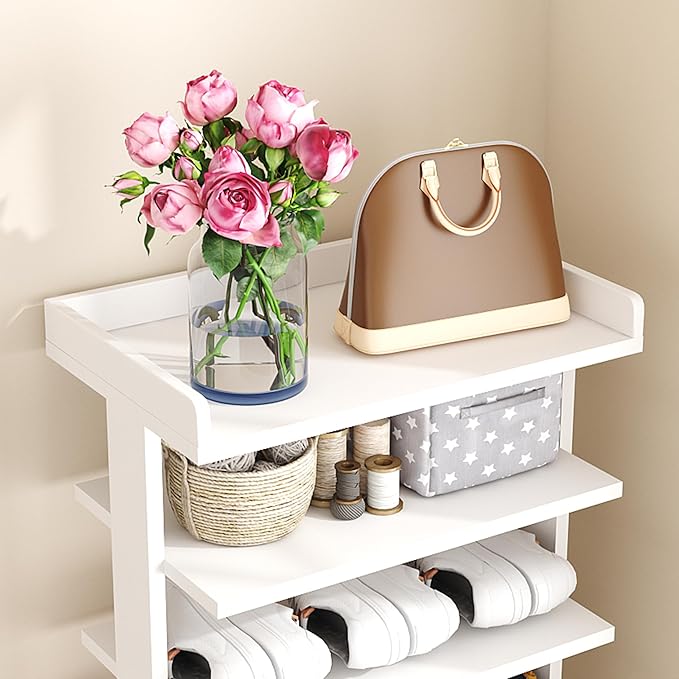 HOMEFORT 7-Tier Wood Shoe Rack, Double Rows 7-Tier Shoe Shelf, Shoe Storage Stand, Entryway Shoe Tower, Vertical Shoe Organizer Perfect for Narrow Closet, Entryway, Hallway, Bedroom in White