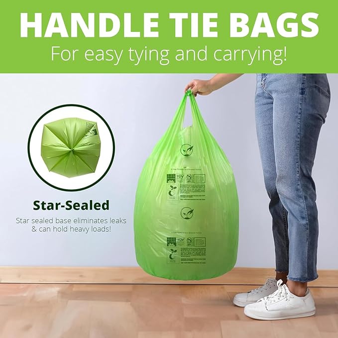 13 Gallon Compostable Trash Bags with Handle-Tie, Thick 0.87 Mil, 49.21 Liter, 30 Bags, Tall Kitchen Food Scrap Waste Bag, ASTM D6400, US BPI and OK Compost Home Certified