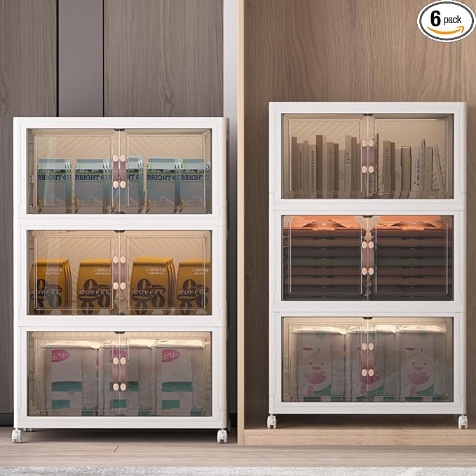 Extra Large Stackable Storage Bins with Lids & Wheels & Door, 672QT-112QT/28GAL*6Pack Foldable Collapsible Closet Organizers, Plastic containers drawers for bedroom Dorm