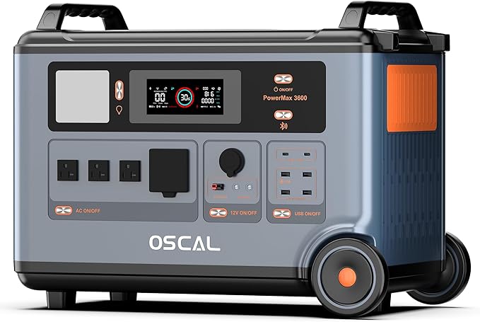 OSCAL PowerMax 3600 Solar Generator, 3600Wh/3000W Solar Power Station with 4 AC Outlets (6000W Peak), 1.2H Full Charging, APP Control Emergency Power Station for Home, Camping & RVs, Battery Backup