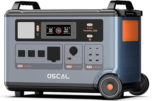 OSCAL PowerMax 3600 Solar Generator, 3600Wh/3000W Solar Power Station with 4 AC Outlets (6000W Peak), 1.2H Full Charging, APP Control Emergency Power Station for Home, Camping & RVs, Battery Backup