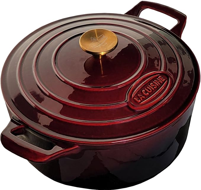 La Cuisine Enameled Cast Iron Dutch Oven Casserole Dish Pot with Lid, 5 QT 10.3“ /26cm Dia. Internal Matte Black Enamel Coating Gold-Plated SS Lid Handle Oven Safe up to 500° F, Cranberry