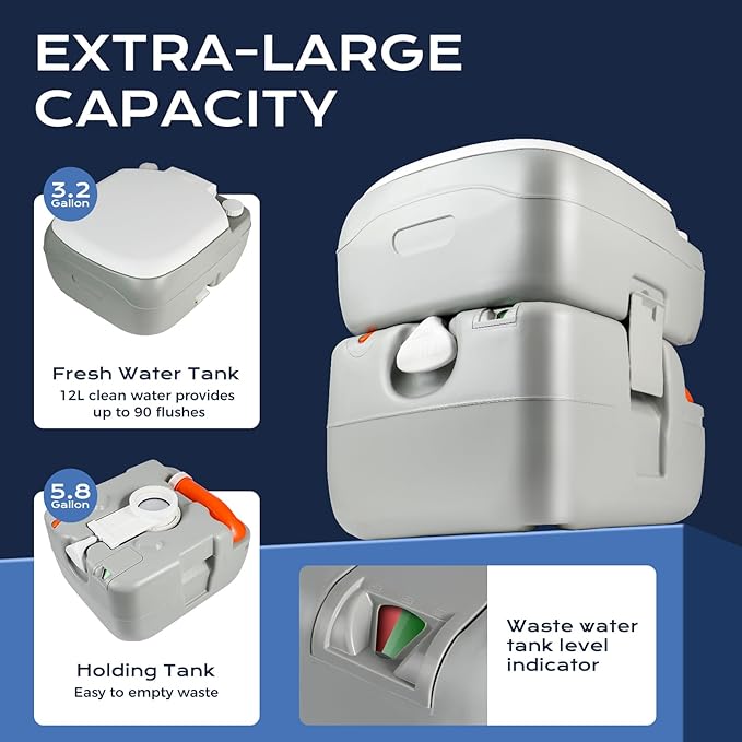 5.8-Gallon Portable Toilet: Detachable Waste Tank, Sealing Slide Valve, Carry Handle, Level Indicator - Leak-Proof and Compact for Camping, RV, Boat, and Travel