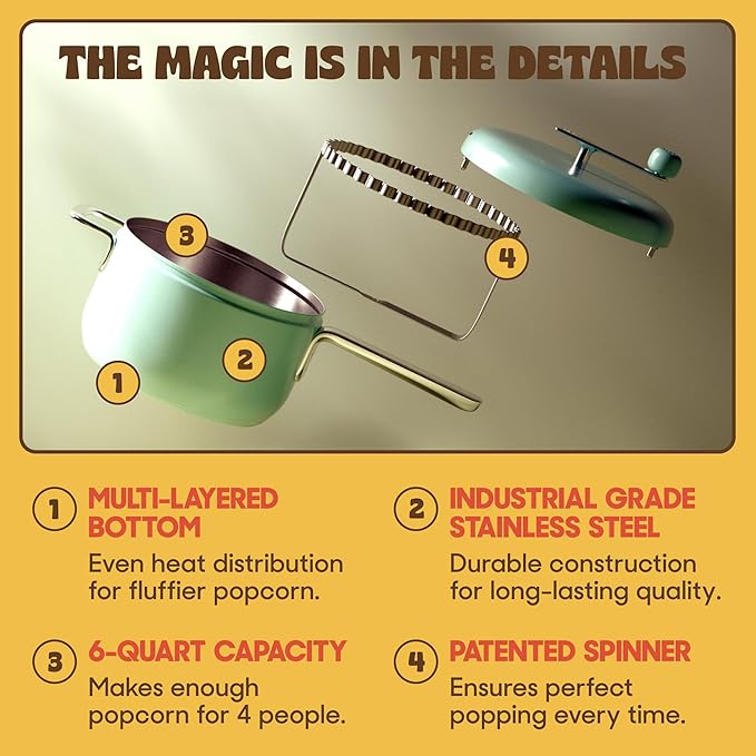 Popsmith Starter Bundle in Butter - 6 Quart Stovetop Popcorn Machine with 5 Movie Theater Popcorn & 5 Kettle Corn Popcorn Kits - Stainless Steel Popcorn Maker Compatible with All Stovetops