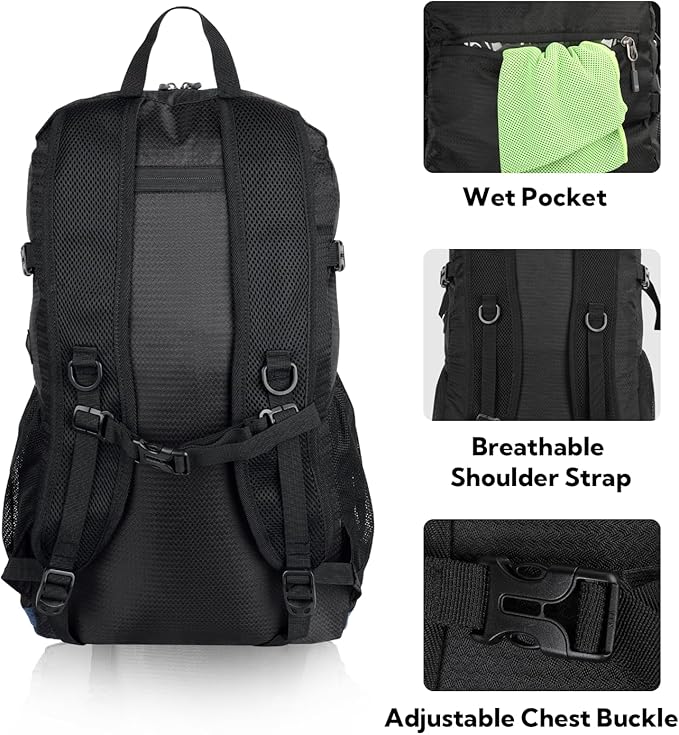 WATERFLY Lightweight Packable Hiking Backpack: 30L Foldable Travel Daypack Ultralight Camping Day Pack for Woman Man