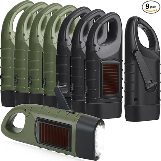 Leelosp 9 Pieces Hand Crank Flashlight Solar Powered Flashlight for Emergencies Dynamo Rechargeable LED Survival Light for Outdoor Sports Hiking Camping(Green,Black)