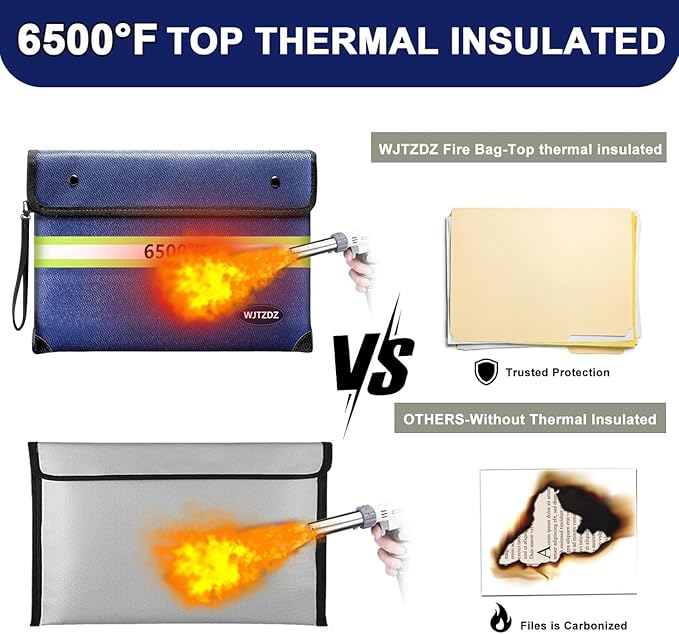 Upgraded Fireproof Money Bag,10 Layers of Heat Insulated Materials,6500°F Fireproof Bag with Waterproof Zipper/Reflective Strip with Handle for Cash,Important Documents（Not Suitable for A4 Files）