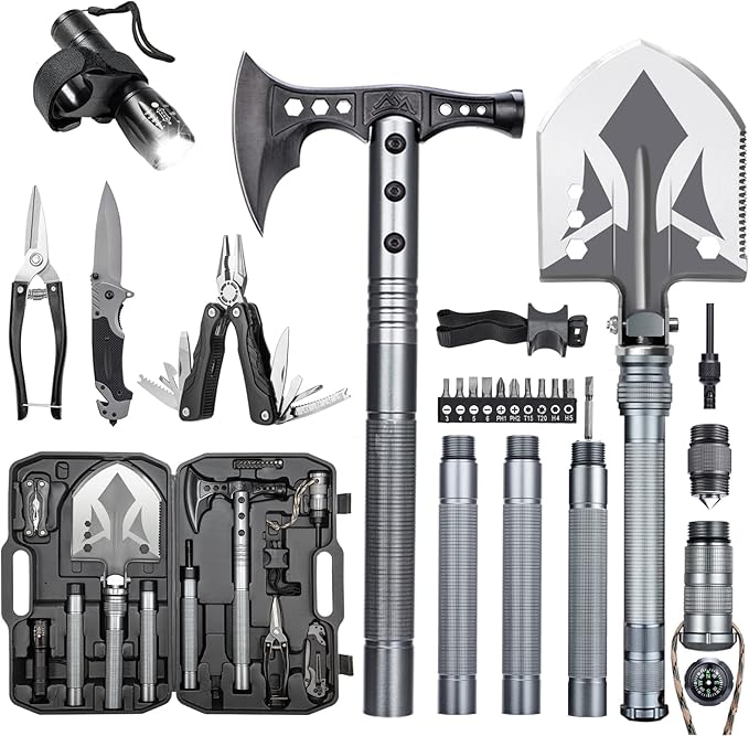 ZENHOSIT Multifunctional Folding Tactical Shovel Hatchet Combo - With Axe, Flashlight, Extension Handles - For Camping, Cycling, Hiking - 19.3-40.9 Inches