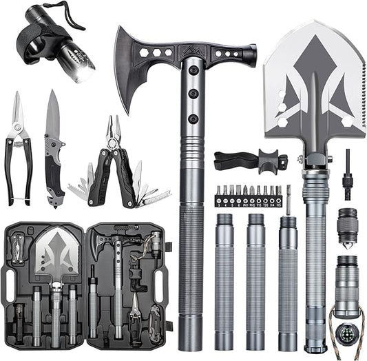 ZENHOSIT Multifunctional Folding Tactical Shovel Hatchet Combo - With Axe, Flashlight, Extension Handles - For Camping, Cycling, Hiking - 19.3-40.9 Inches