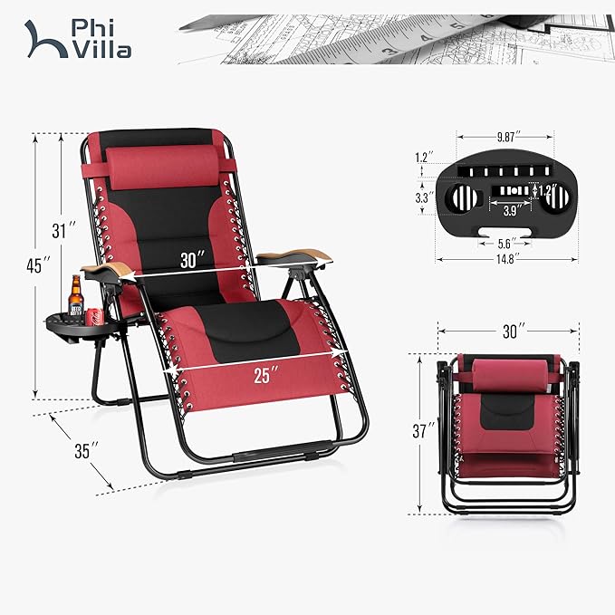 PHI VILLA XXL Oversized Padded Zero Gravity Chair, Foldable Patio Recliner, 30" Wide Seat Anti Gravity Lounger with Cup Holder, Set of 2, Support 400 LBS (Red)